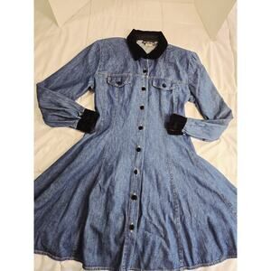 Vtg 90's Y2K Denim Midi Dress 12 Velvet Button Up Grunge Western Boho Indie Retr
